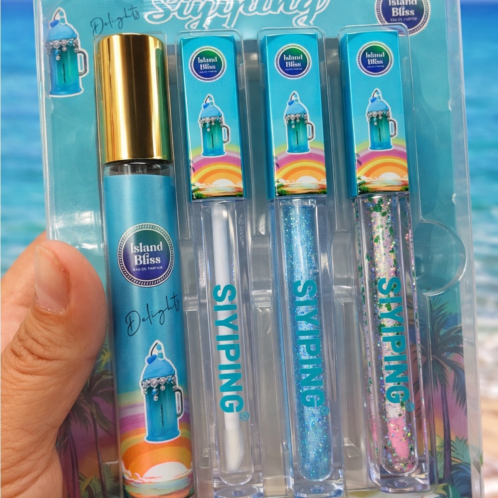 Blue Glitter Lip Gloss & travel perfume Set – 4-Pack